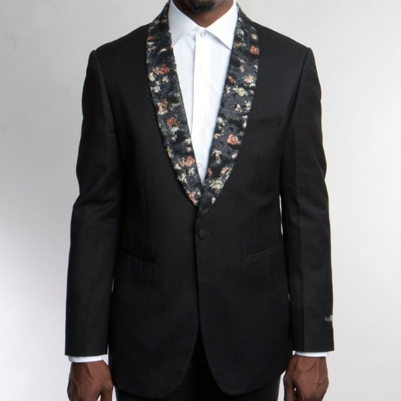 Tazio Mens Jacket Blazer w/ Floral Patterned Shawl Collar, Black